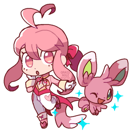 chibi drawing of a pink pokemon original character named warren, with a shiny minccino