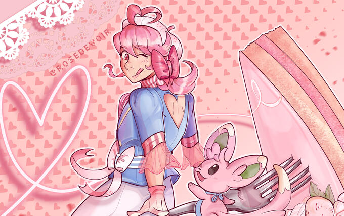 Untitled pokemon oc art close up, warren in a pastel outfit, with his shiny minccino and a giant slice of cake visible